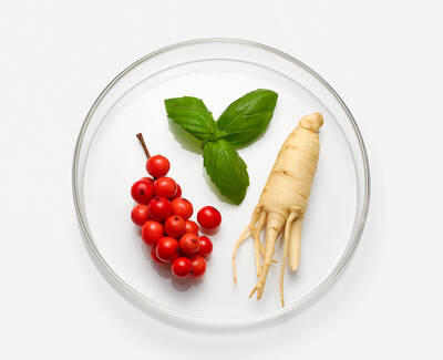 A glass dish containing three items: a cluster of bright red berries, a green basil leaf, and a pale ginseng root with small, protruding roots. The background is white.