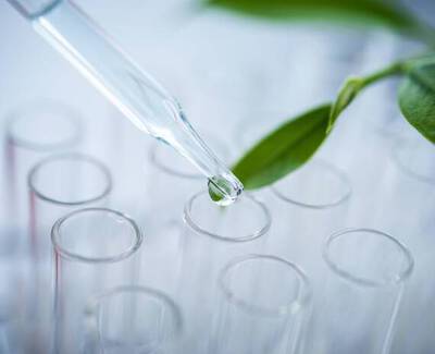 A dropper with a liquid droplet is poised above a row of clear test tubes, with a green leaf in the background.