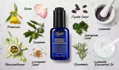 A flat lay image featuring Kiehl's Midnight Recovery Concentrate bottle centered among various botanical ingredients: rose petals, primrose, squalane, jojoba seed, passionflower, coriander seed, geranium leaf, lavender, rosemary, and lavandin essential oil. The background is a light marble surface.