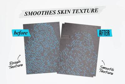 Before-and-after comparison showing a textured surface. The "before" image highlights a rough texture with blue lines, while the "after" image displays a smooth texture. Text at the top reads "Smoothes Skin Texture."