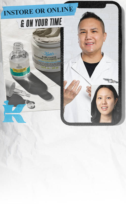 To alt-tekst på norsk: "En mann i hvit frakk smiler og holder opp sine hender, ved siden av en kvinne med langt hår. De står i naerheten av produkter fra Kiehl's."