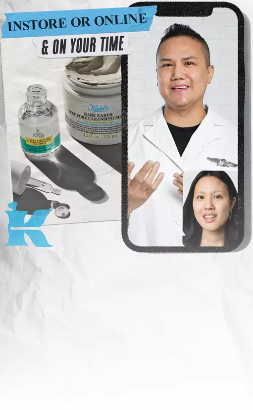 To alt-tekst på norsk: "En mann i hvit frakk smiler og holder opp sine hender, ved siden av en kvinne med langt hår. De står i naerheten av produkter fra Kiehl's."