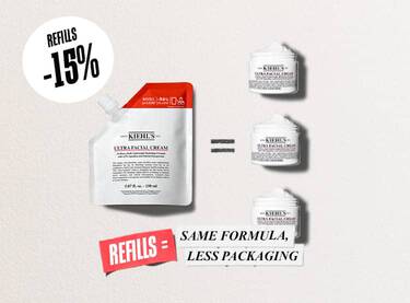 En Kiehl's Ultra Facial Cream Refill, samt 3 Ultra Facial Cream-krukker. Fokus på 15 % rabatt og mindre plastbruk.