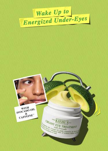 Bannerbilde for Kiehl's avokadoprodukt med tittelen 'Helt vilt med avocado'. Undertekst: Den er rik på fettsyrer, vitaminer og naturlige oljer som pleier huden. Knapp: Kjøp nå, lenke til Avocado PDP