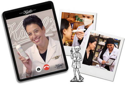 A digital collage featuring a smiling woman holding a skincare product, surrounded by images of a consultation and product application in a Kiehl's store. A cartoon figure of a person in a lab coat is also included.
