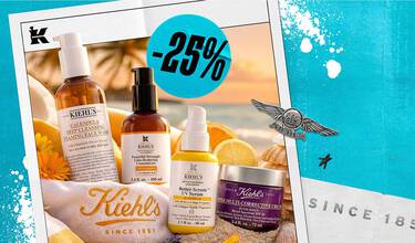 Kiehl's hudpleieprodukter, inkludert ansiktsvask, serum og krem med 25% rabattmerke, mot en solnedgang på stranden.