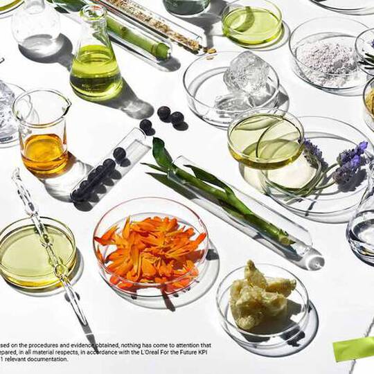 Et levende utvalg av plantebaserte ingredienser, oljer og pulver i glassbeholdere som viser naturens skjønnhet og baerekraft.