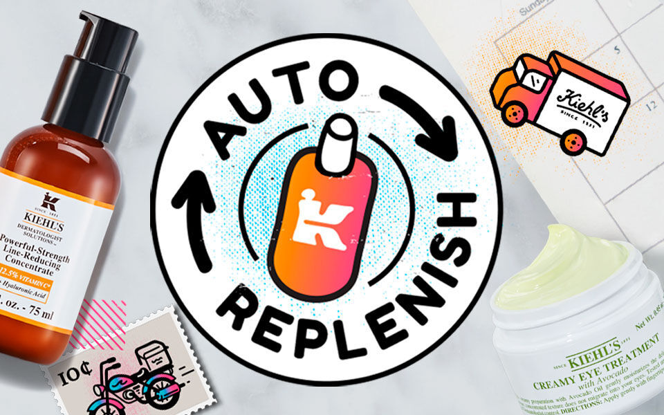 Alt text: A collage of skincare products and promotional graphics featuring the phrase "AUTO REPLENISH," with a marble background and various product bottles displayed alongside a calendar and fun illustrations like stamps and delivery vehicles.