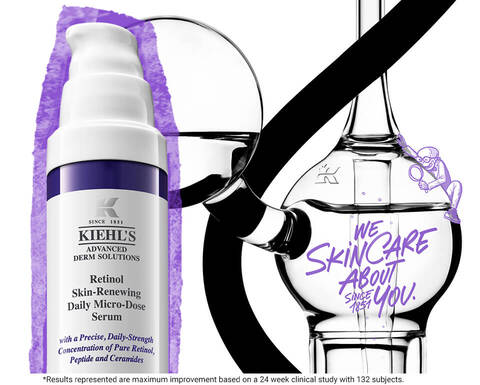 Bilde av Kiehl's hudpleieprodukter, inkludert et serum og en nattkrem, med en stilisert bakgrunn og teksten "Vi bryr oss om huden din".