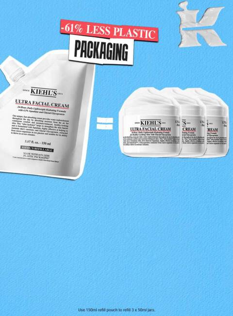 Bilde som viser Kiehl's Ultra Facial Cream med informasjon om 61% mindre plastemballasje.