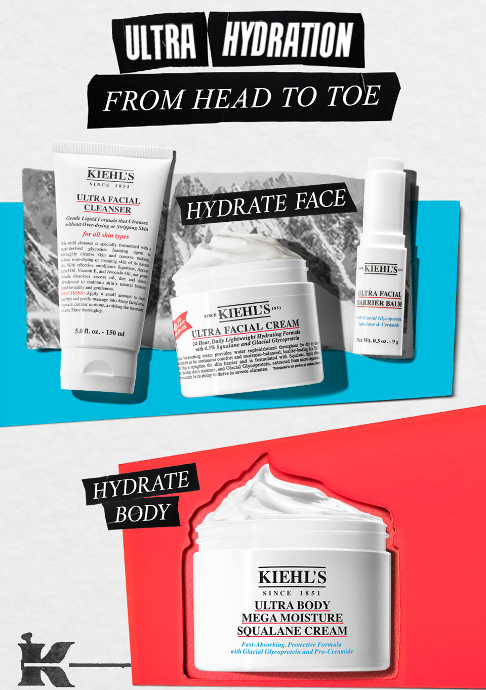 Bilde av Kiehl's produkter for hydrering, inkludert ansikts- og kroppscremer, med teksten "ULTRA HYDRATION FROM HEAD TO TOE".