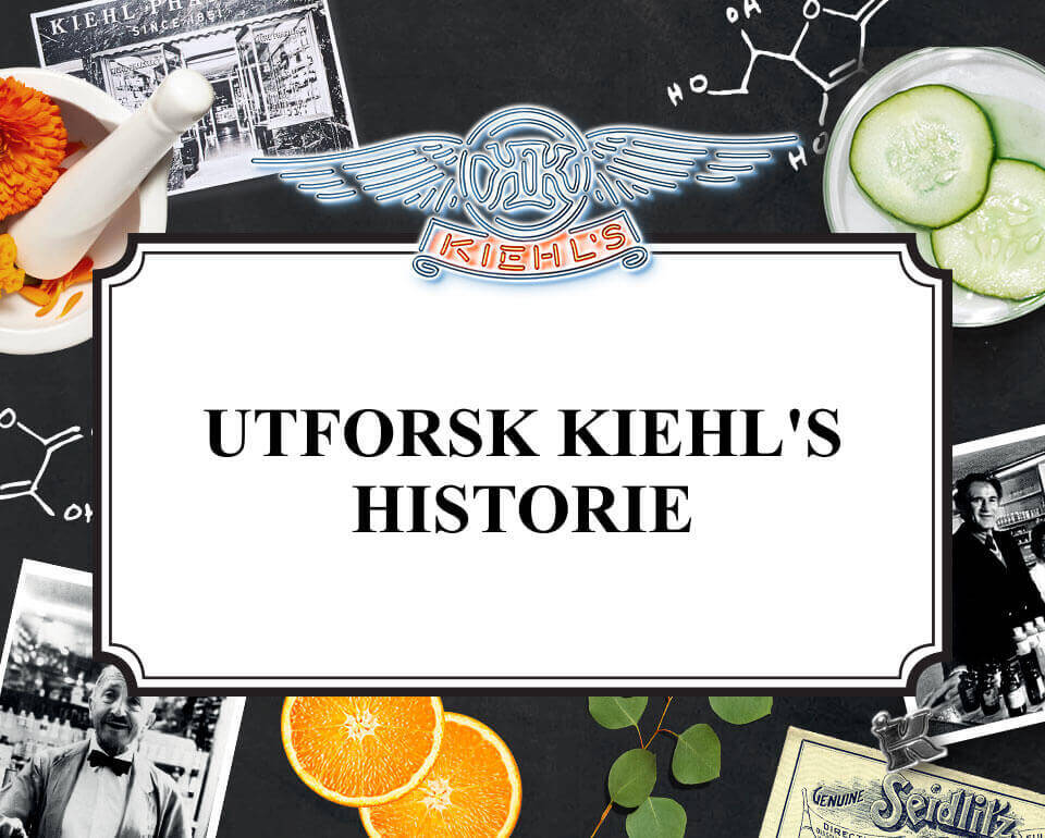 Alt-tekst: En collage som viser Kiehl's historie med gamle bilder, planter og ingredienser, samt teksten "Utforsk Kiehl's historie" på norsk.