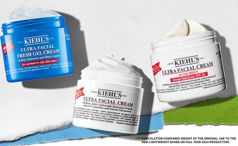 Tre hudpleieprodukter fra Kiehl's: Ultra Facial Fresh Gel Cream i blått og to Ultra Facial Creams med solkrem, alle med etikett.