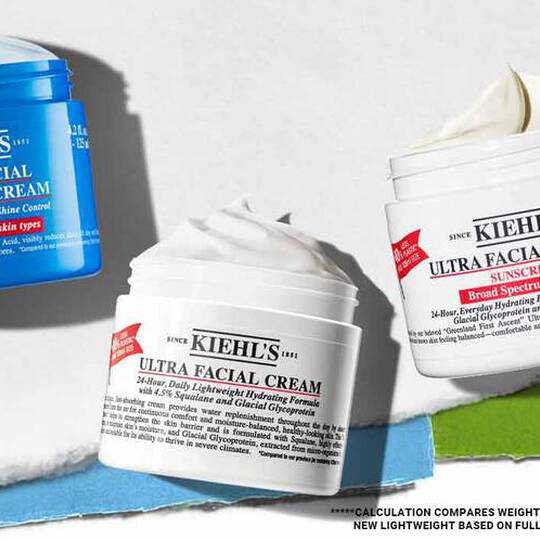 Tre hudpleieprodukter fra Kiehl's: Ultra Facial Fresh Gel Cream i blått og to Ultra Facial Creams med solkrem, alle med etikett.