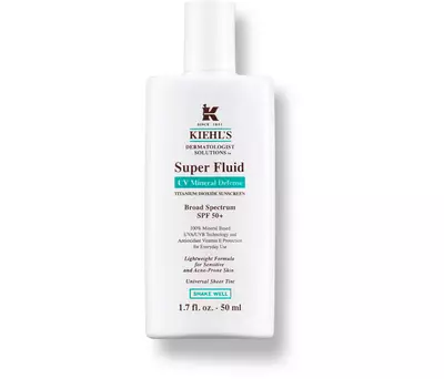 A bottle of Kiehl's Super Fluid UV Mineral Defense sunscreen, 1.7 oz, featuring lightweight formula and SPF 50 protection.