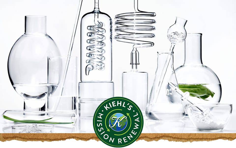 En samling laboratoriekar i klart glass fylt med vann og et grønt blad, med Kiehl's logo til høyre.