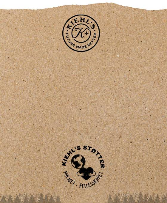 Logoer for Kiehl's og Kiehl's Støtter, på en teksturert bakgrunn av papp.