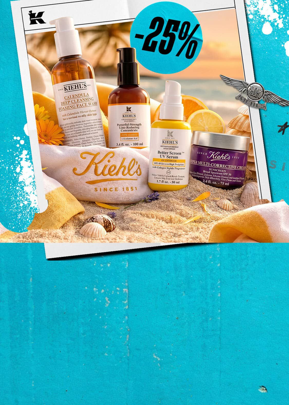 Kiehl's hudpleieprodukter, inkludert ansiktsvask, serum og krem med 25% rabattmerke, mot en solnedgang på stranden.