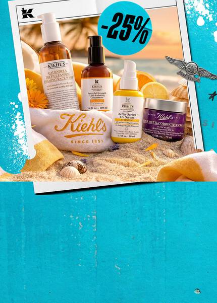 Kiehl's hudpleieprodukter, inkludert ansiktsvask, serum og krem med 25% rabattmerke, mot en solnedgang på stranden.
