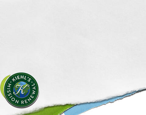Kiehl's Mission Renewal-logo med en grønn sirkel med en blå globus, omgitt av levende grønne og blå papirkanter.