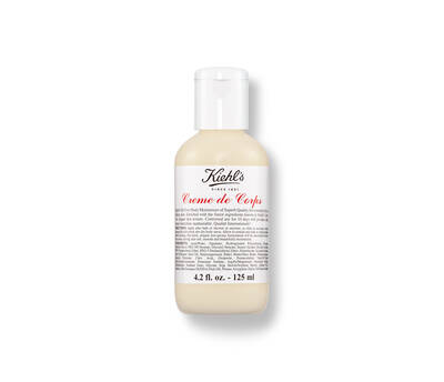 Kiehl's Creme de Corps moisturizer, 4.2 fl oz bottle, with a classic label, showcasing its creamy white texture.