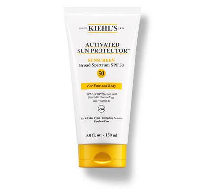 Tube of Kiehl's Activated Sun Protector sunscreen, SPF 50, designed for face and body, featuring UVA/UVB protection.