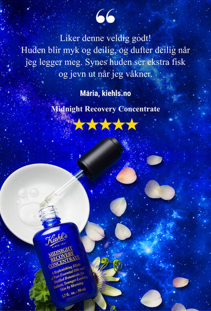 A dark blue bottle of Kiehl's Midnight Recovery Concentrate is displayed against a light background, accompanied by a quote about its nightly use for glowing skin.