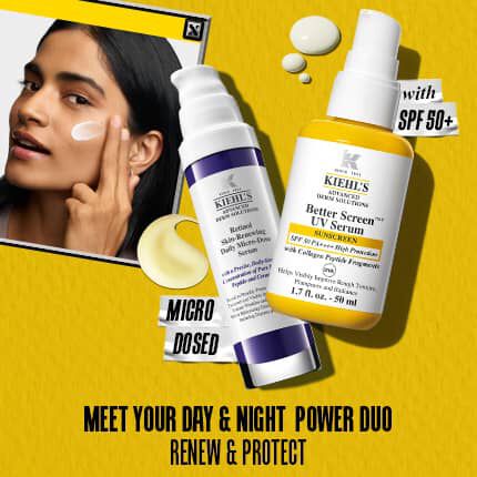 To hudpleieprodukter fra Kiehl's merket Retinol og Better Screen UV Serum med SPF 50+ på gul bakgrunn med tekst som fremmer dag- og nattbeskyttelse.