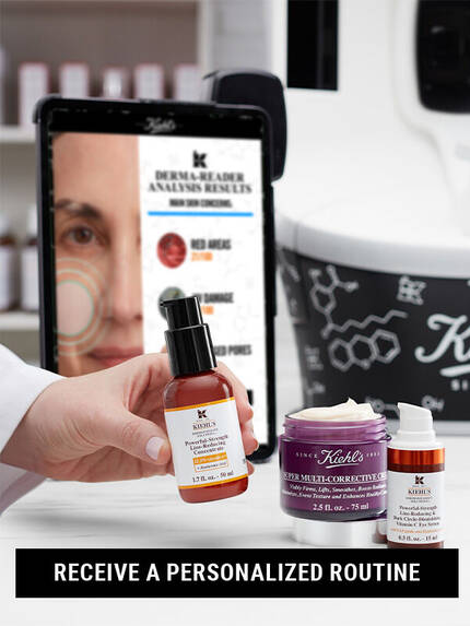 Produktene fra Kiehl's vises foran en skjerm som viser hudanalyse-resultater, med teksten "Få en personlig tilpasset rutine".