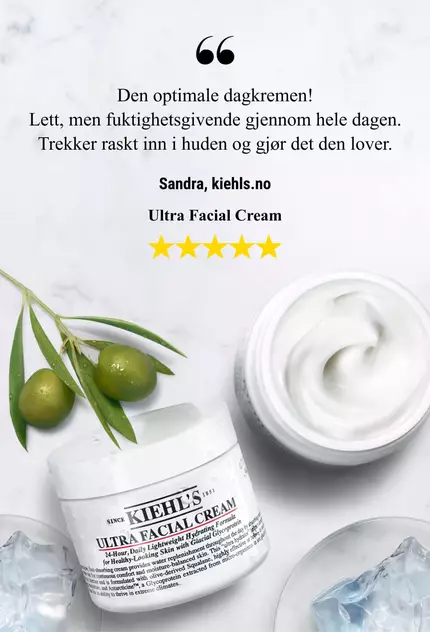 A jar of Kiehl's Ultra Facial Cream with a smooth texture, accompanied by a quote about its immediate moisturizing effects and lasting hydration.