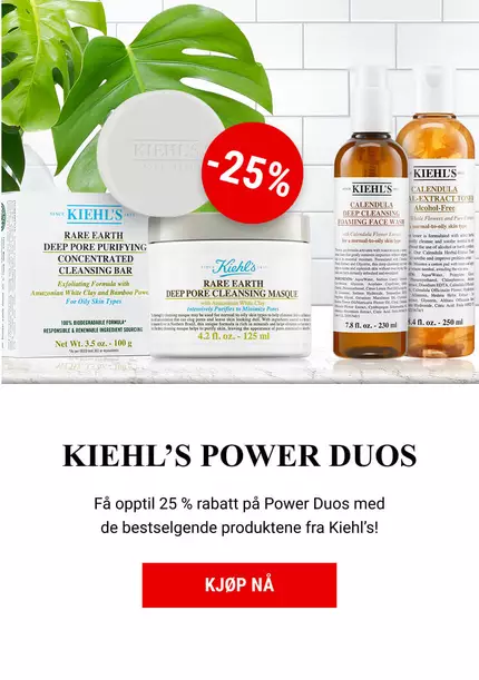 Alt-tekst: KIEHL'S annonse med produkter til ansiktspleie og en rabatt på 25%.