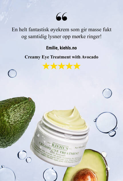 A jar of Kiehl's Creamy Eye Treatment with Avocado against a creamy, textured background, accompanied by a customer testimonial about its moisturizing texture.