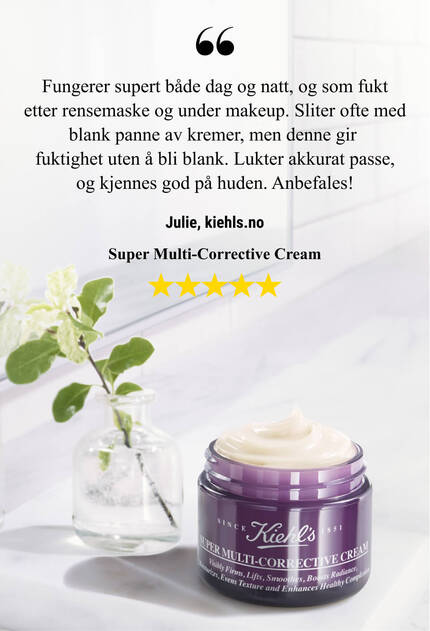 A jar of Kiehl's Super Multi-Corrective Cream on a smooth, cream-colored background, accompanied by a user testimonial praising its pleasant scent and skin-cleansing properties.