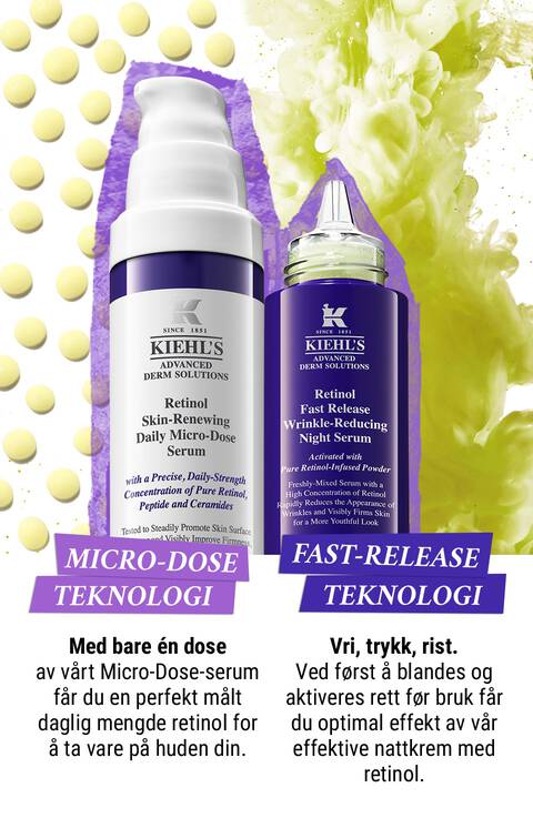 Alt-teksten kan vaere: "To Kiehl's serumflasker med tekst om Micro-Dose og Fast-Release teknologi, omgitt av gule prikker."