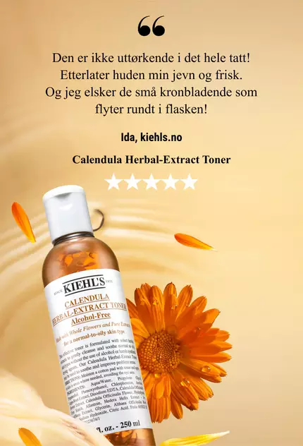 A bottle of Kiehl’s Calendula Herbal-Extract Toner surrounded by flower petals and a quote praising the product's refreshing qualities.