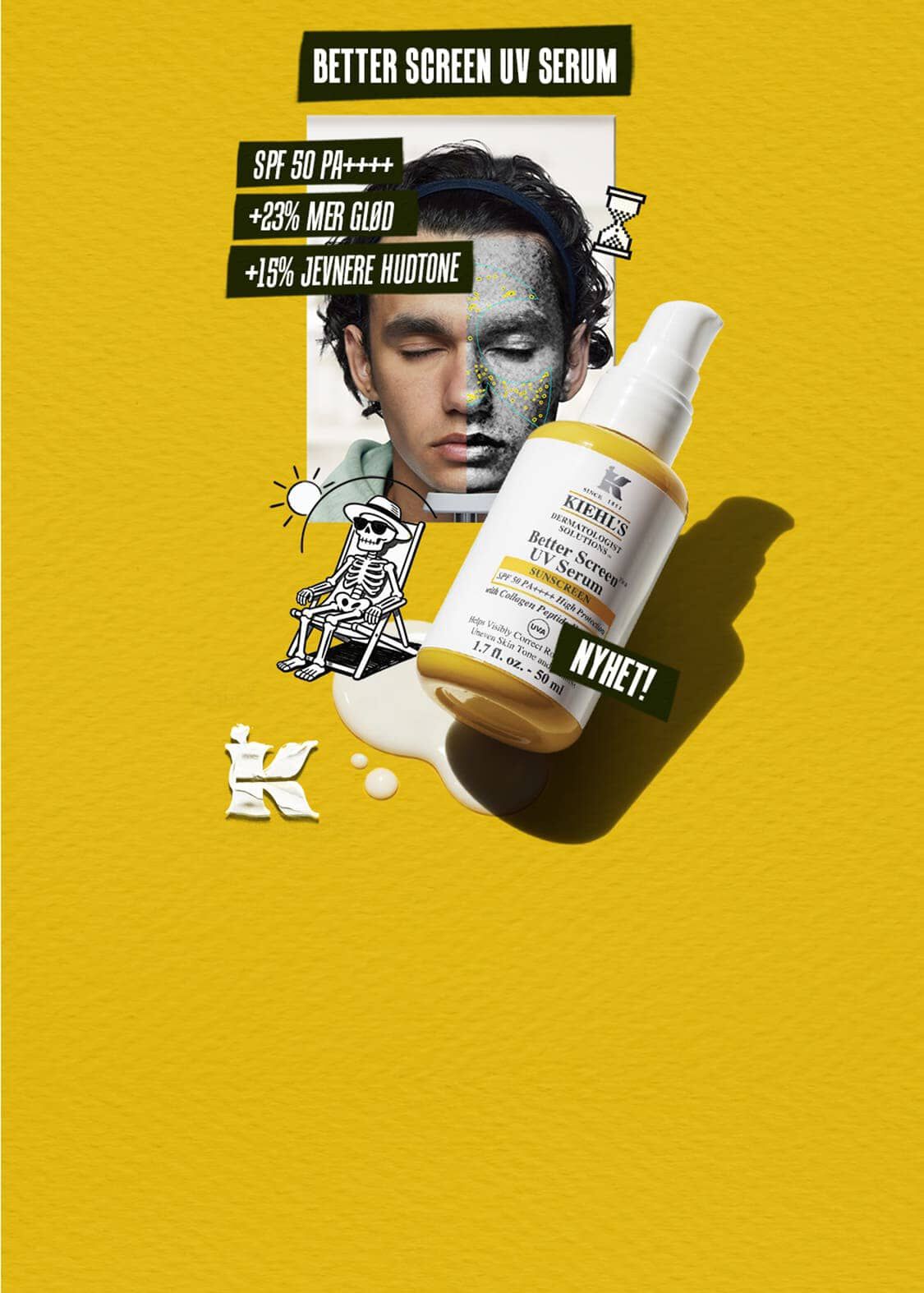 Een gele promotiebanner voor de nieuwe Kiehl's Better Screen UV Serum SPF50. Links staat een geel computertoetsenbord waarop het product staat, met aangepaste toetsen zoals 'ctrl UV', 'ESC SCHADE' en 'SPF 50'. In het midden staat de tekst: "NIEUW! BETTER SCREEN UV SERUM SPF50 - Ontdek ons lichtgewicht UV-serum met collageenpeptiden voor een gladdere, egalere en stralendere huid" met een "SHOP NU" knop. Rechts staat een pixel-art muisaanwijzer en het zegel van de Skin Cancer Foundation.