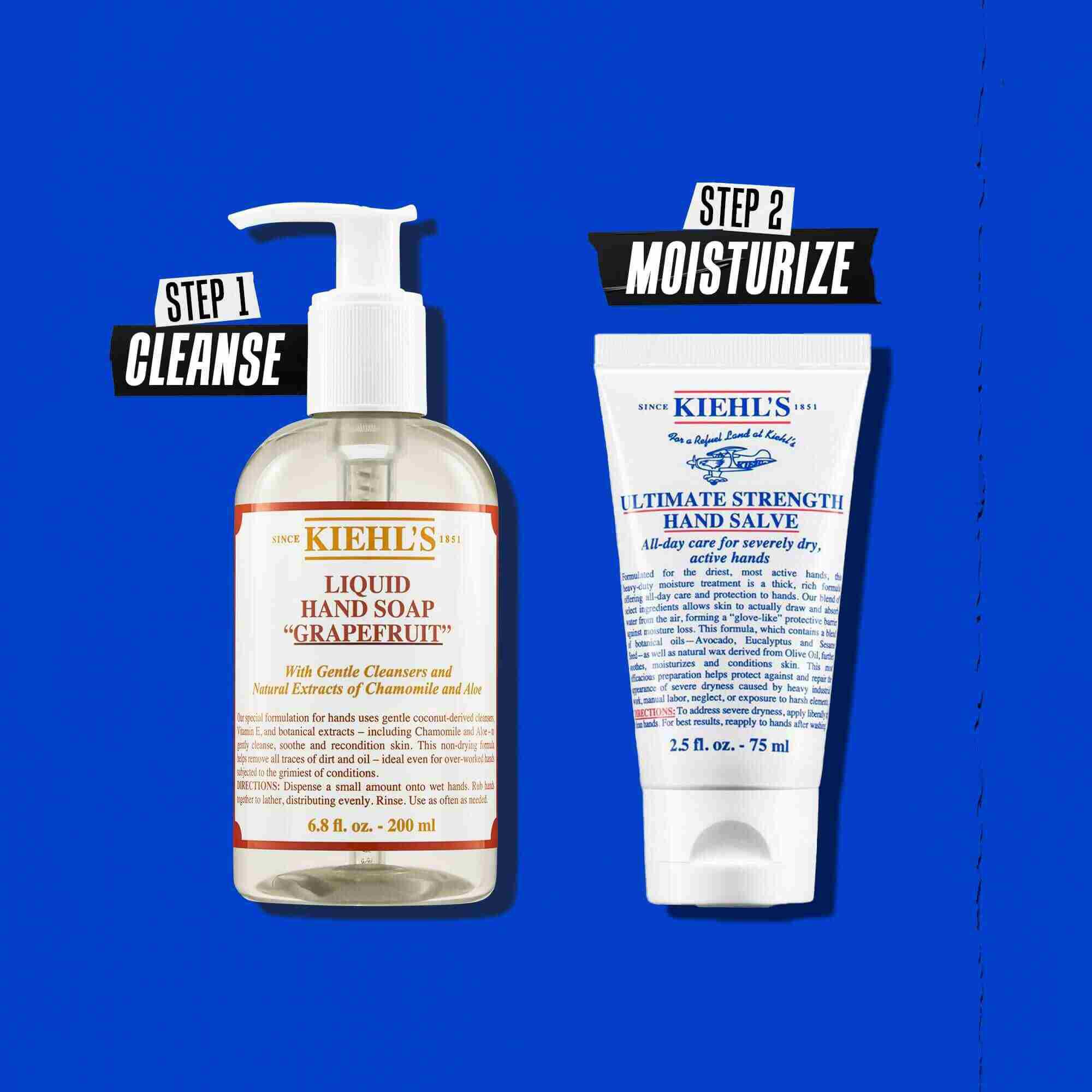 Illustrasjon av rutine med Kiehl's Ultimate Strength Hand Salve – Rens, Fukt