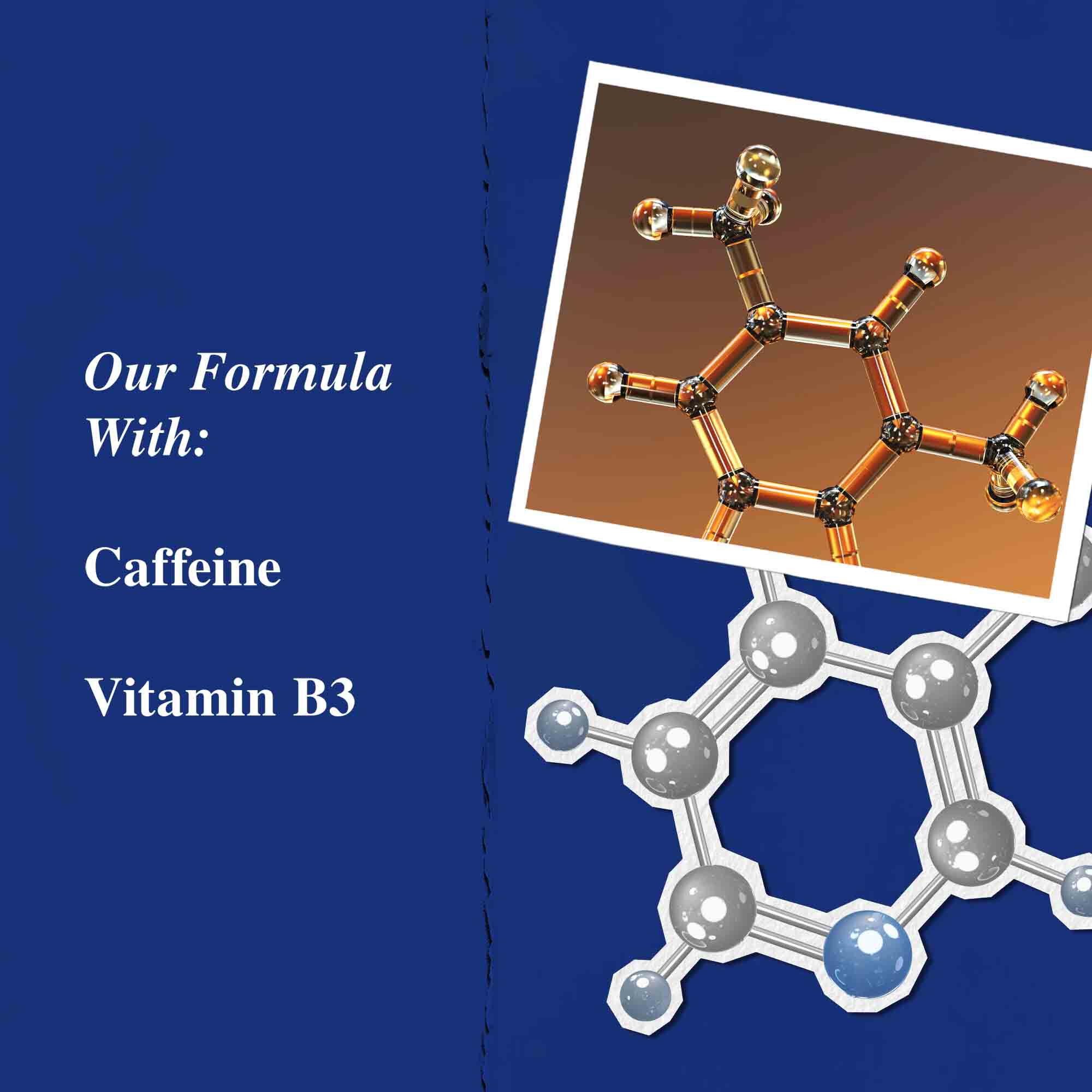 Grafikk over nøkkelingredienser: koffein og vitamin B3.