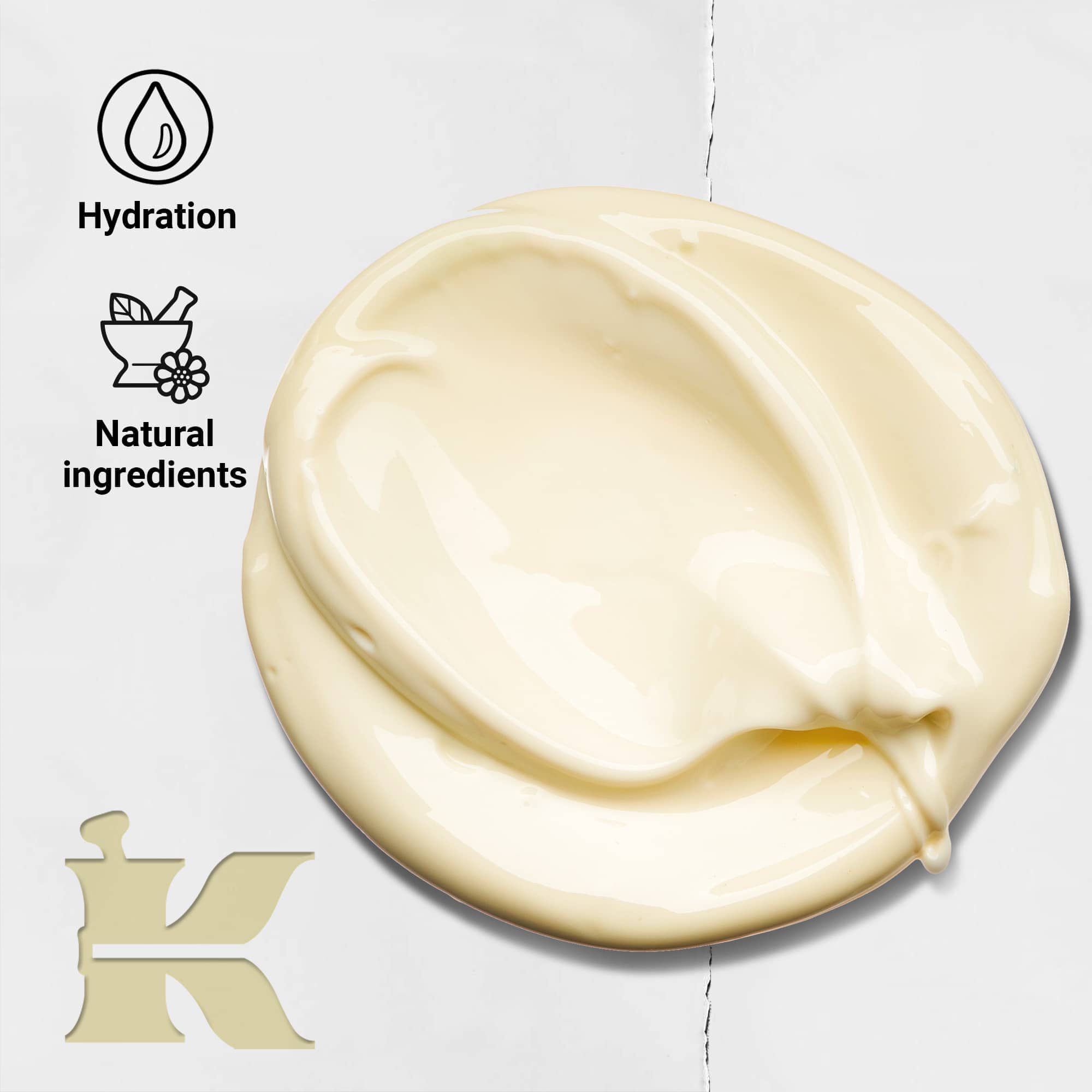 Bilde av Creme de Corps-tekstur med ikoner som viser at den gir fuktighet og inneholder naturlige ingredienser