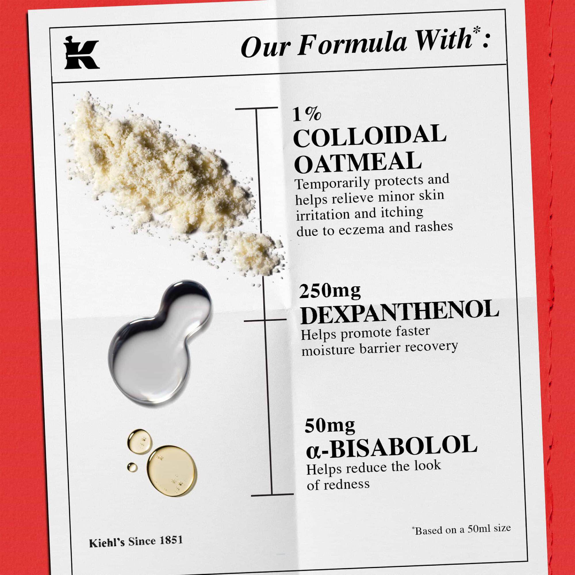 Ingrediensliste: 1 % kolloid havre (lindrer mindre hudirritasjoner), 250 mg dexpanthenol (barrieregjenoppbygging) og 50 mg α-bisabolol (reduserer rødhet).