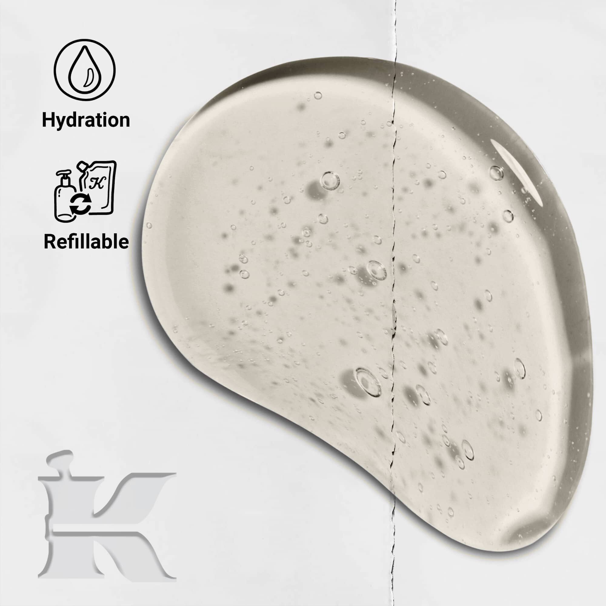 Foto av Amino Acid Shampoo-tekstur med ikoner som viser at den kan påfylles og gir fuktighet