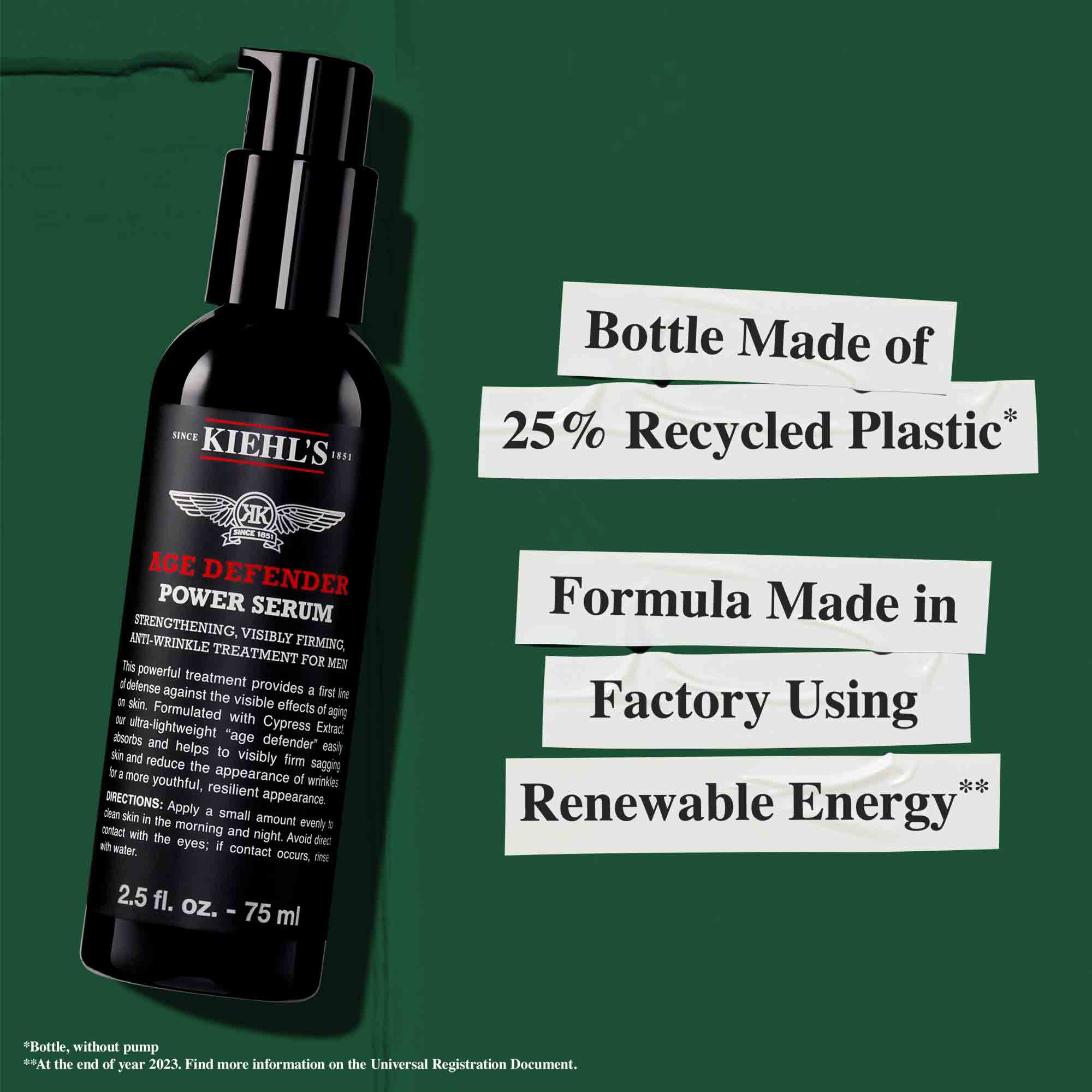 Age Defender Power Serum-flaske laget av 25 % resirkulert plast; formel produsert med fornybar energi.