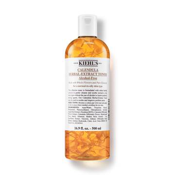 En 250 ml flaske med Kiehl's Calendula Herbal-Extract Toner med en klar vaeske og gylden fargetone.