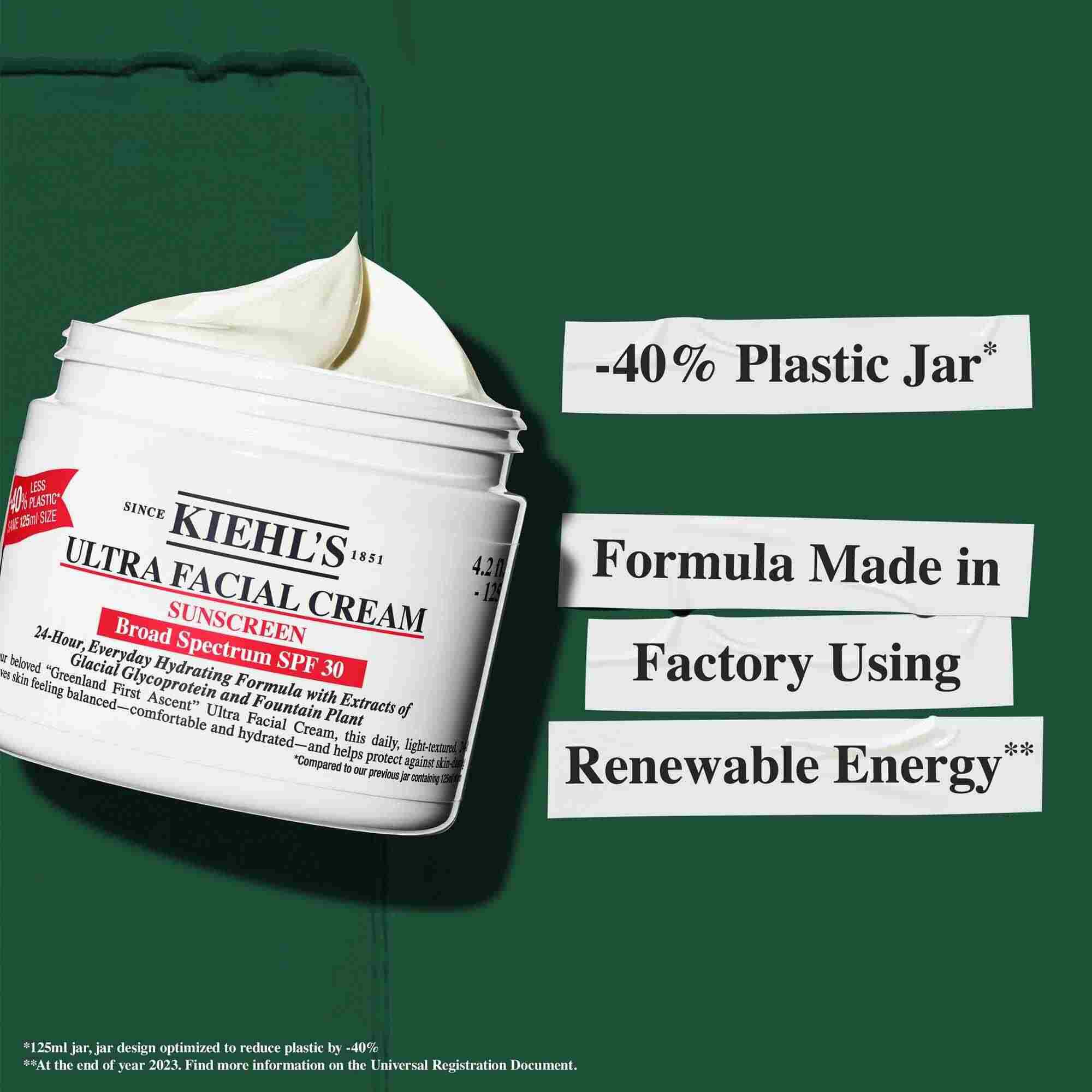 En krukke med Ultra Facial Cream SPF 30 med tekst som fremhever baerekraftspåstander: "-40 % plastkrukke" og "Formel produsert på en fabrikk med fornybar energi."