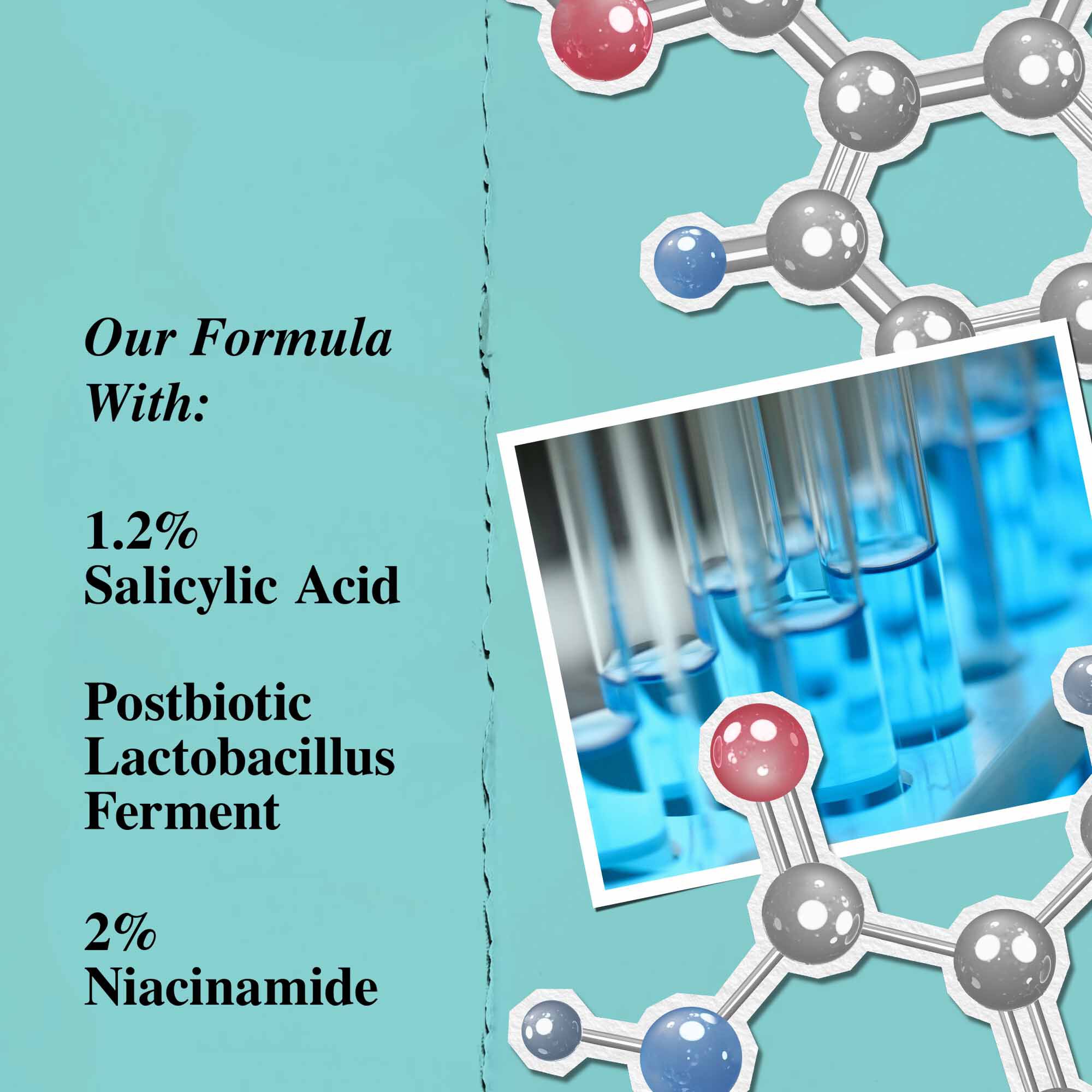 En grafikk som fremhever nøkkelingrediensene i Expertly Clear Blemish-Treating & Preventing Lotion, inkludert salisylsyre, postbiotisk lactobacillus-ferment og niacinamid.