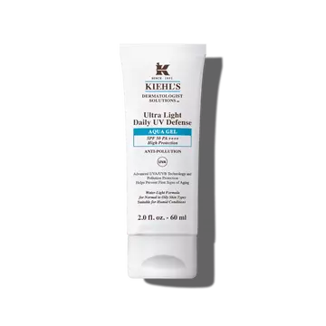 En 30 ml tube med Kiehl's Ultra Light Daily UV Defense Aqua Gel mot en hvit bakgrunn.
