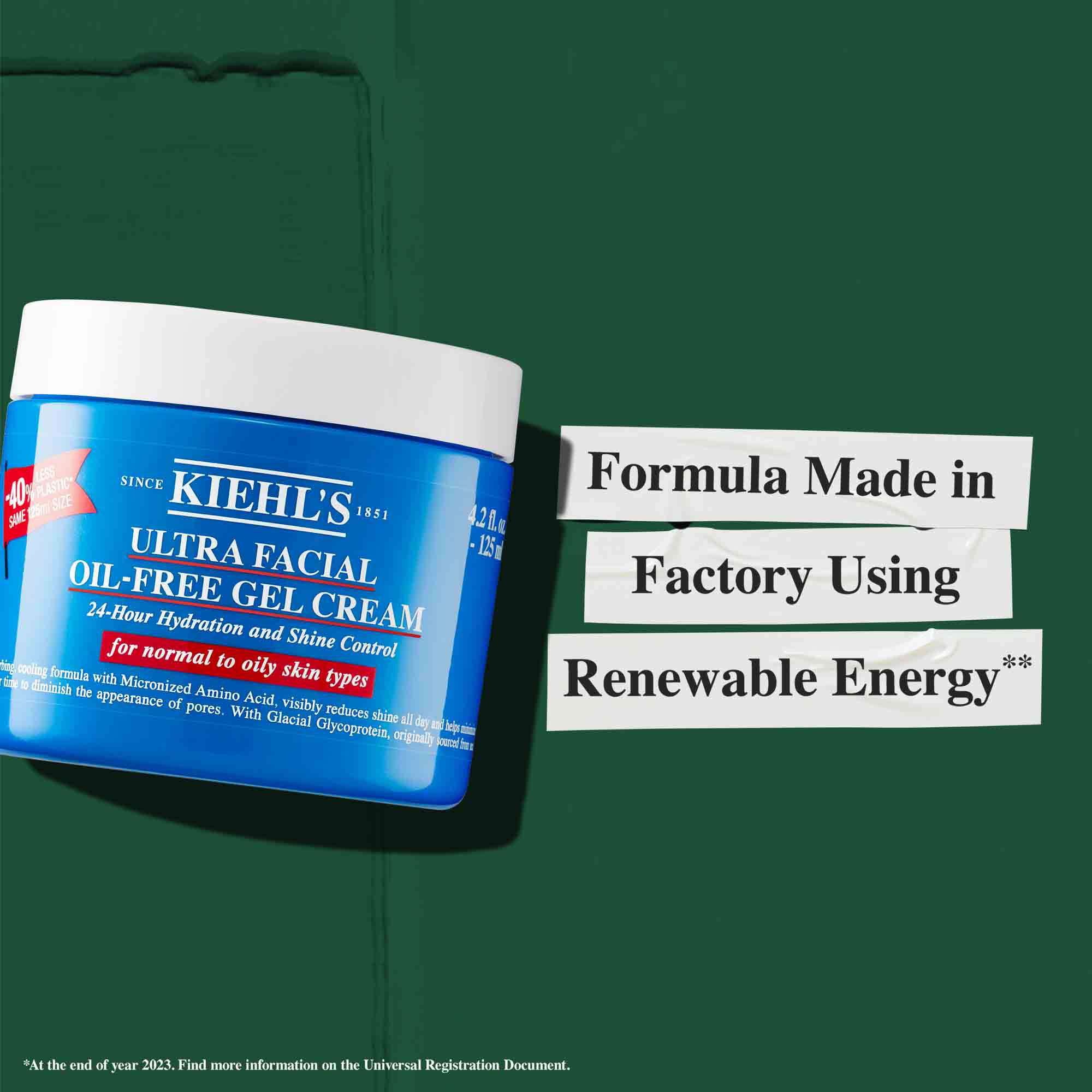 En krukke med Ultra Facial Oil-Free Gel Cream med teksten "Formel produsert på en fabrikk med fornybar energi."