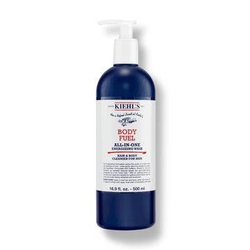 En flaske Kiehl's Body Fuel All-In-One Energizing Wash mot en hvit bakgrunn.
