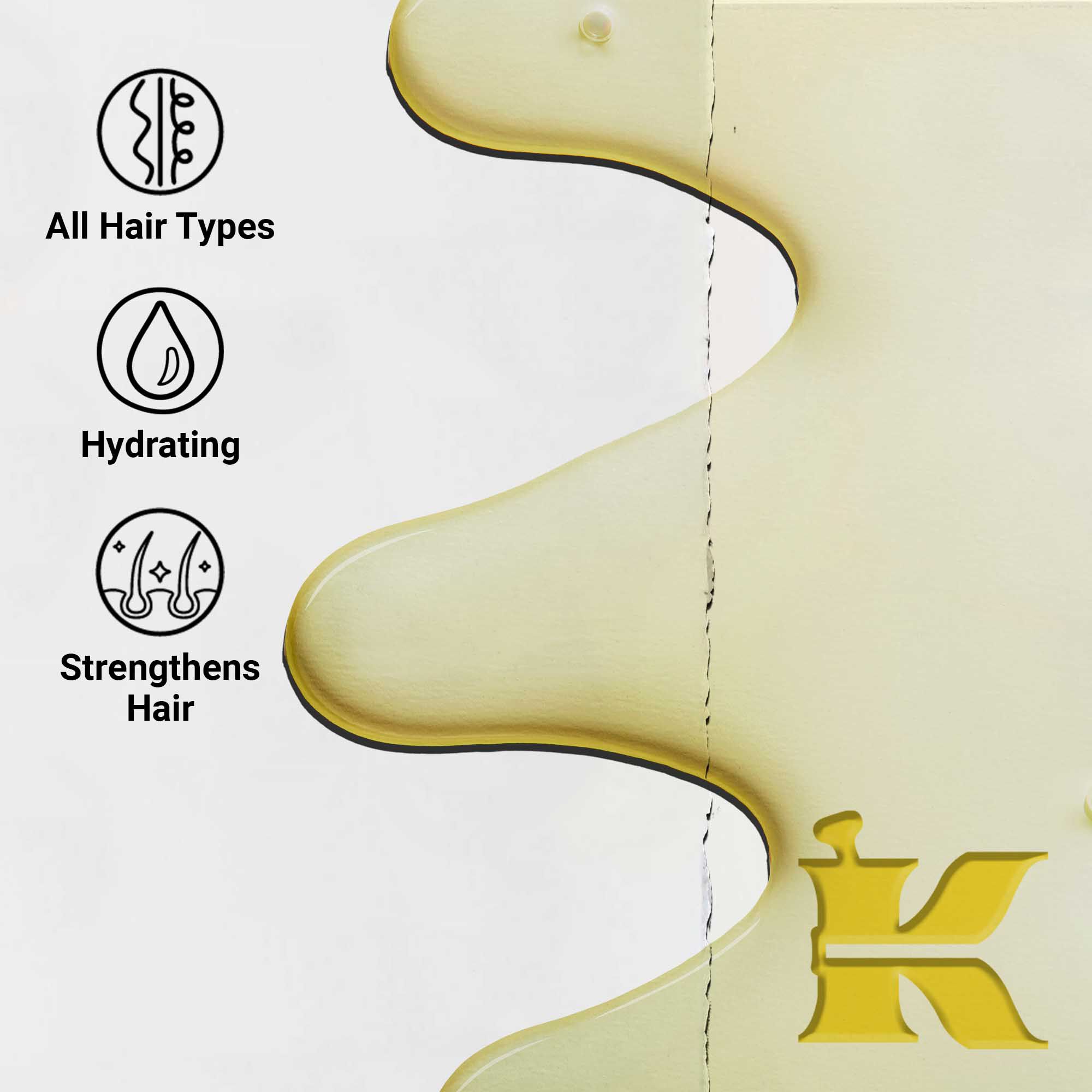 Naerbilde av Magic Elixir Hair Oil-tekstur. Tekst fremhever at den er fuktighetsgivende, lett og designet for å forbedre hårteksturen for alle hårtyper.