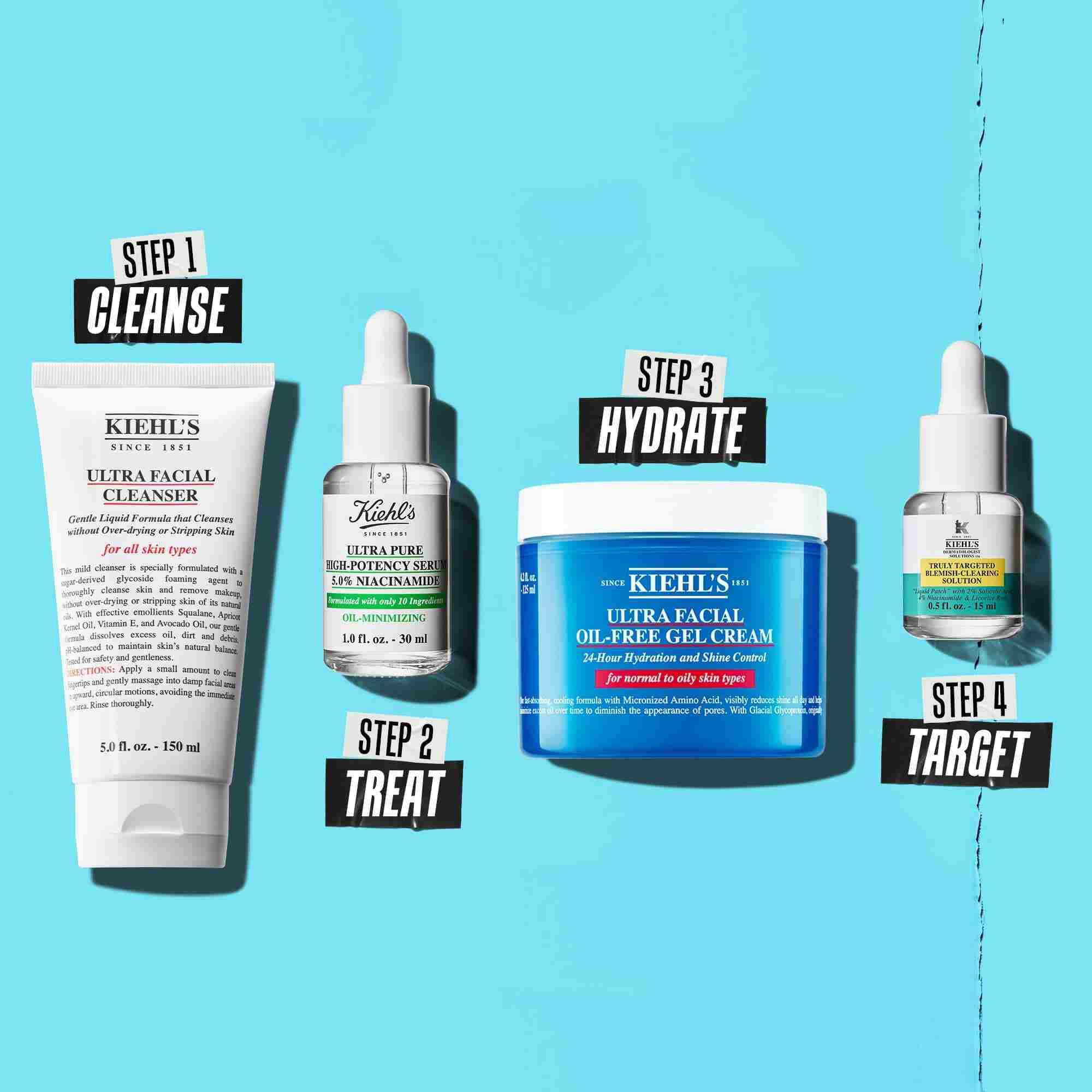 En rutinegrafikk med Ultra Facial Cleanser, Niacinamide, Ultra Facial Oil-Free Gel Cream og Acne Solution.